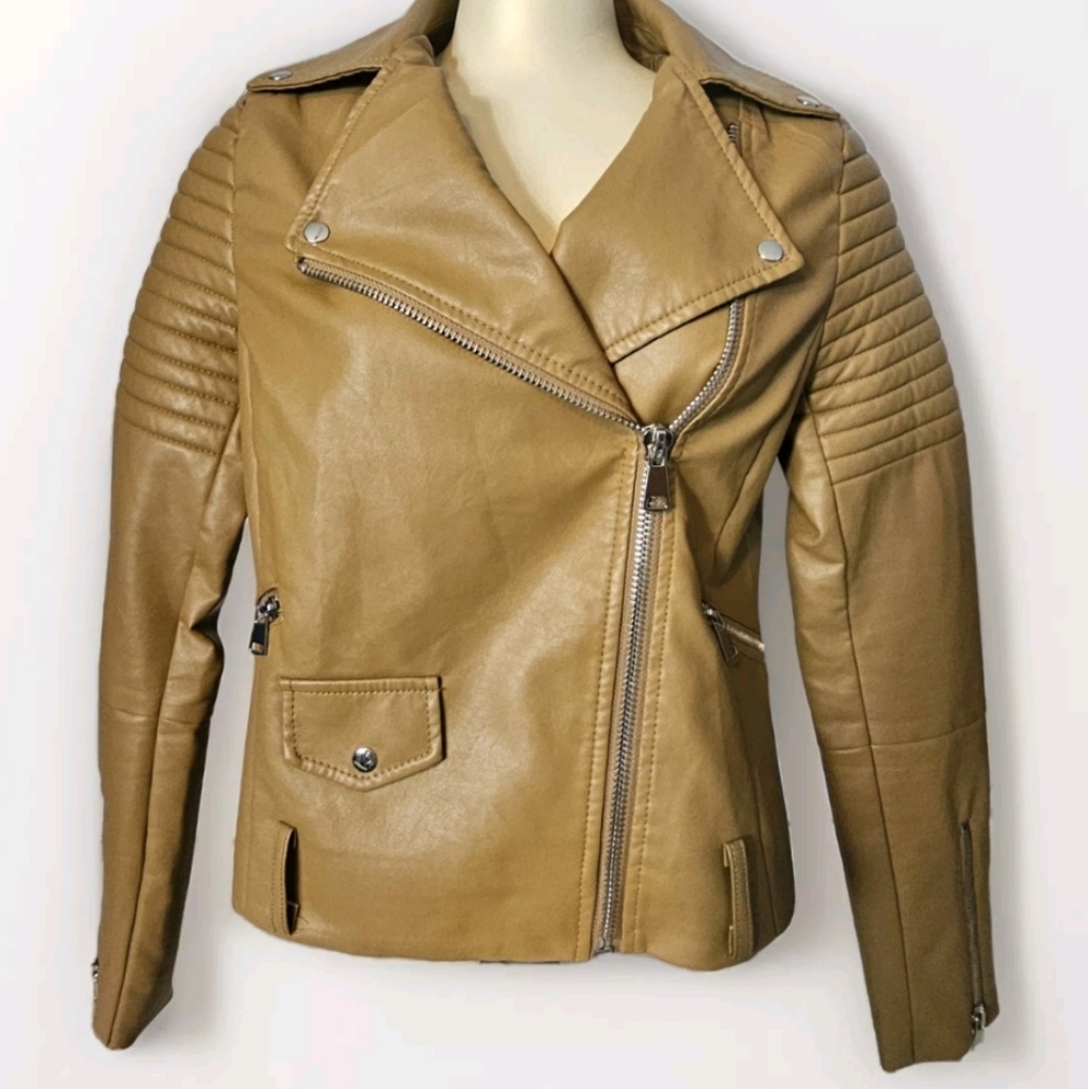 Love Tree Tan Caramel Biker Moto Jacket with Zippers Womens Size Small